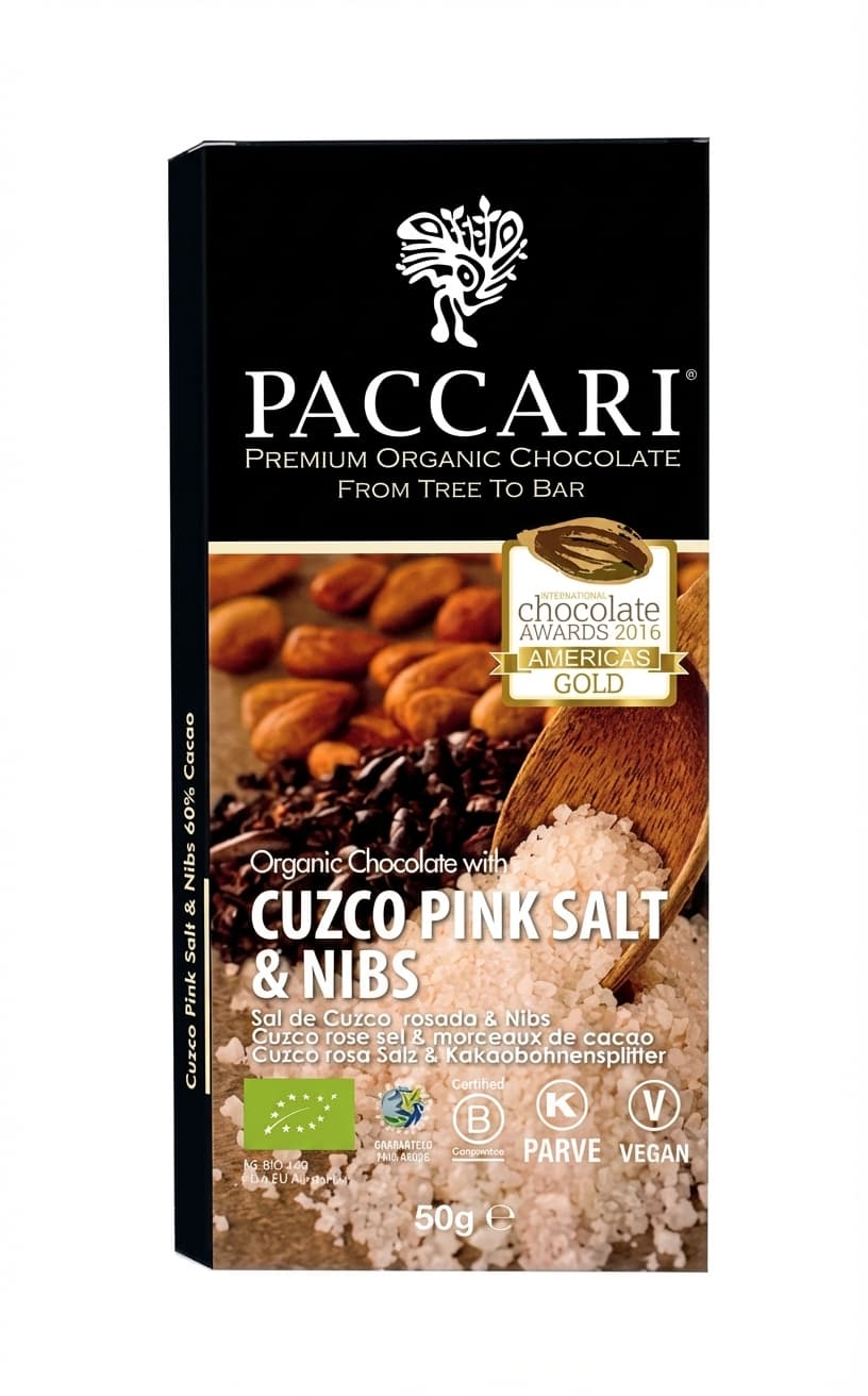 Cuzco Pink Salt & Nibs 60% dark bar packaging by Paccari