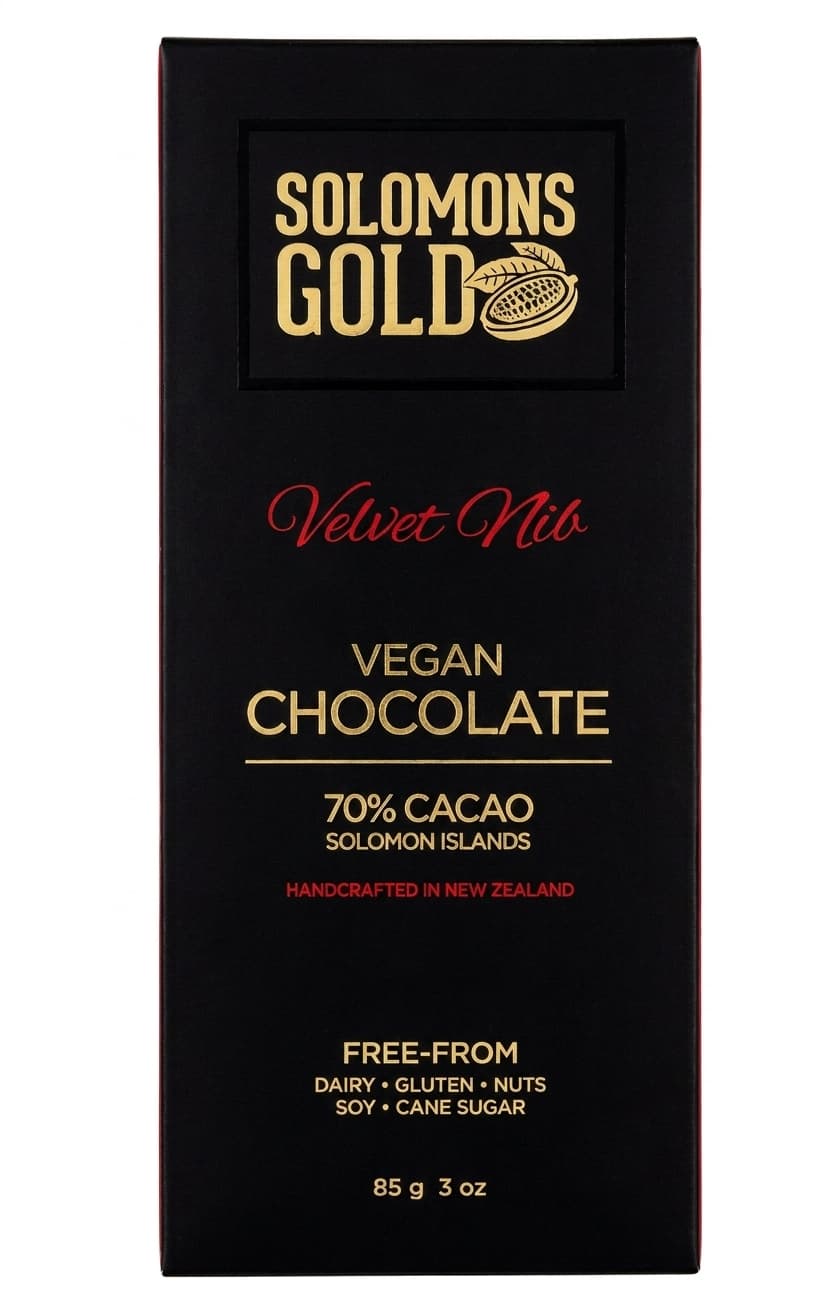 Velvet Nib 70% 70% dark bar packaging by Solomons Gold