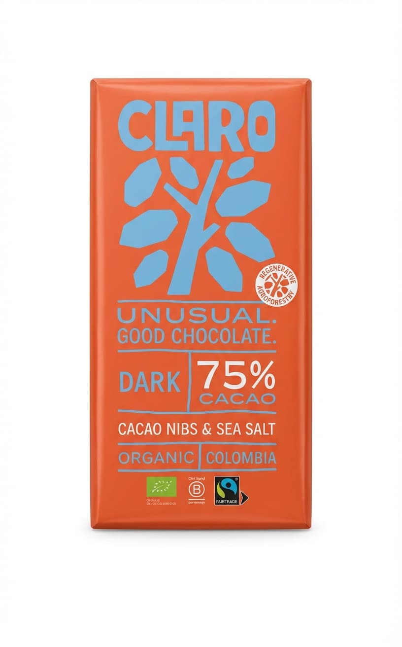 Cacao Nibs & Sea Salt 75% dark bar packaging by CLARO