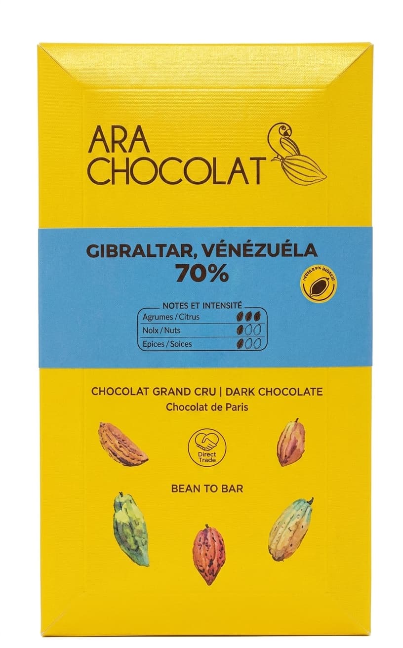 Gibraltar 70% 70% dark bar packaging by Ara Chocolat