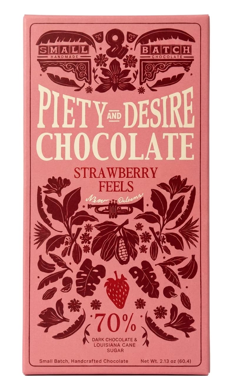 Strawberry Feels 70% 70% dark bar packaging by Piety and Desire Chocolate