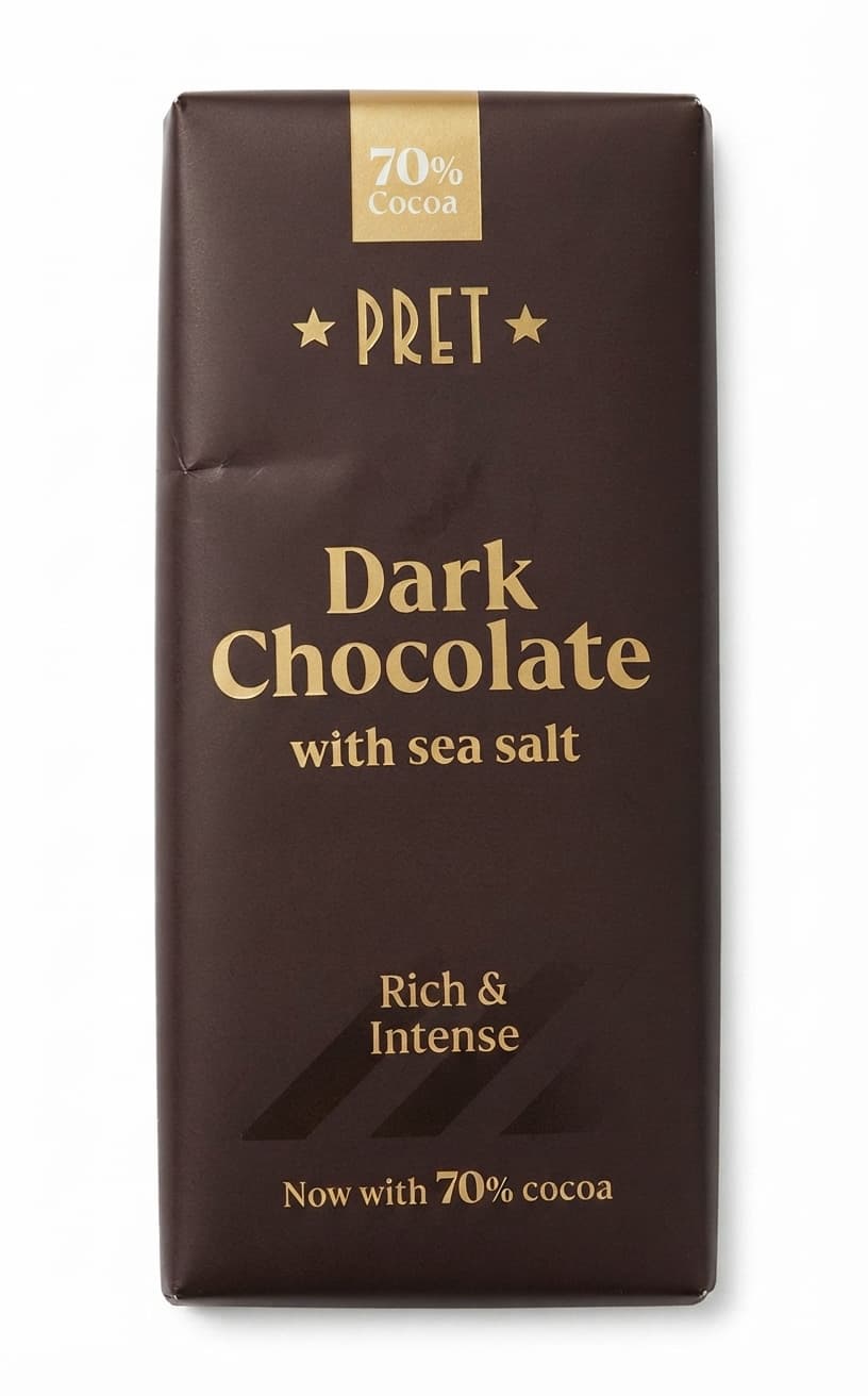 Dark Chocolate with Sea Salt 70% 70% dark bar packaging by Pret