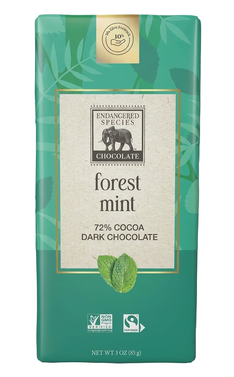 Forest Mint 72% dark bar packaging by Endangered Species Chocolate