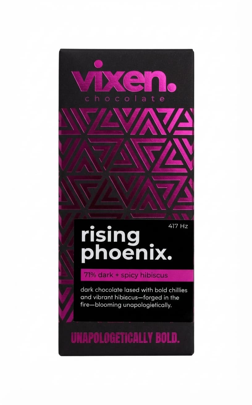 Rising Phoenix 71% 71% dark bar packaging by Vixen Chocolate