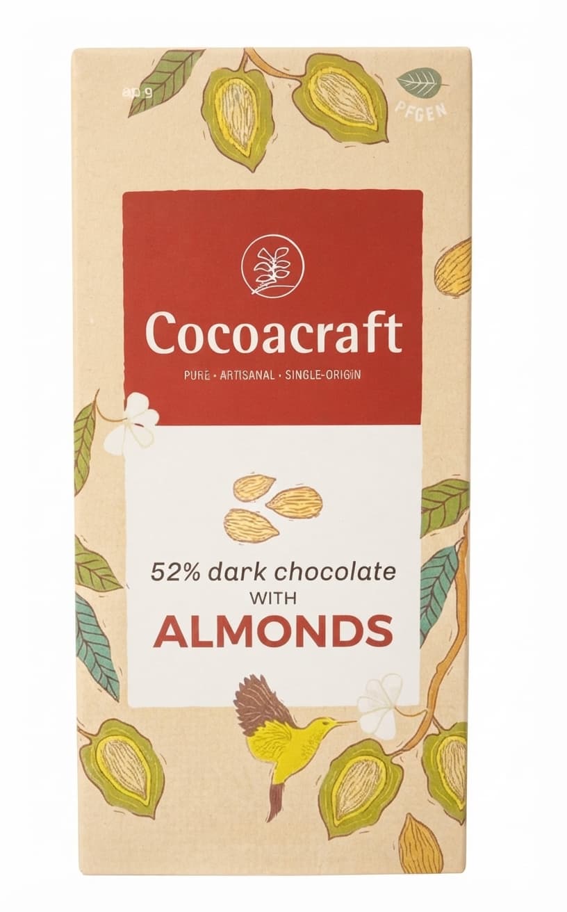 Almonds 52% 52% dark bar packaging by Cocoacraft