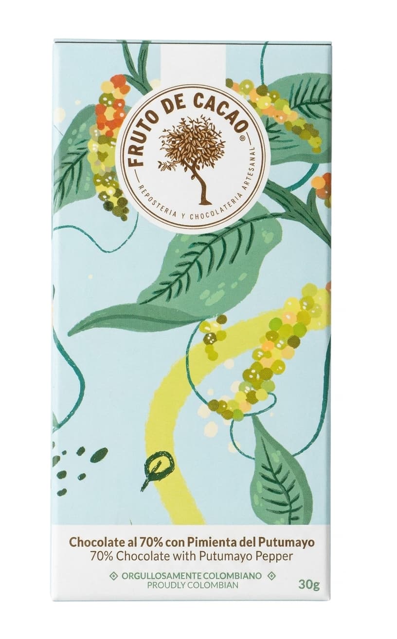 Pimienta del Putumayo 70% 70% dark bar packaging by Fruto de Cacao