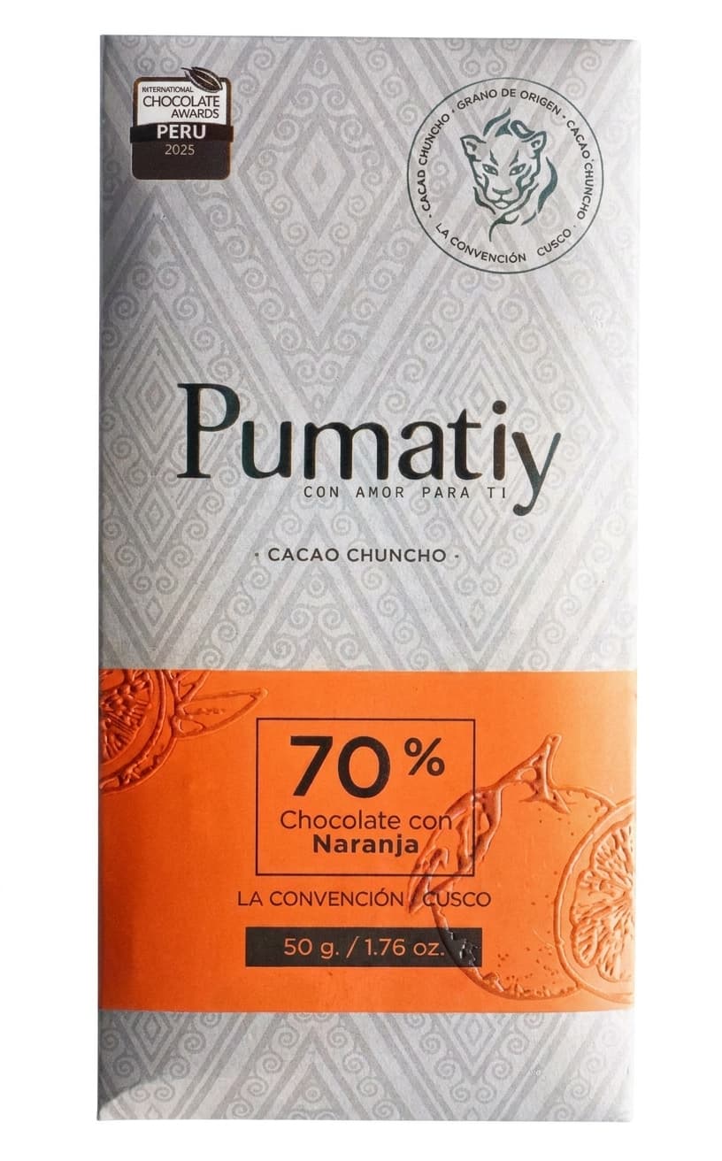 70% Chocolate con Naranja 70% dark bar packaging by Pumatiy