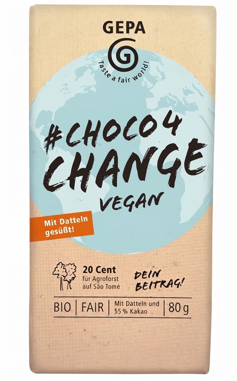 Choco4Change Date Sugar 55% 55% dark bar packaging by GEPA