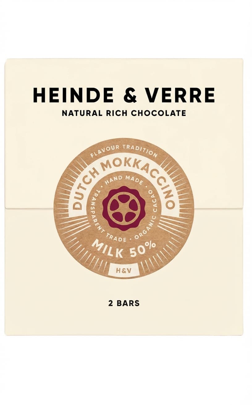 Dutch Mokkaccino Milk 50% 50% milk bar packaging by Heinde & Verre