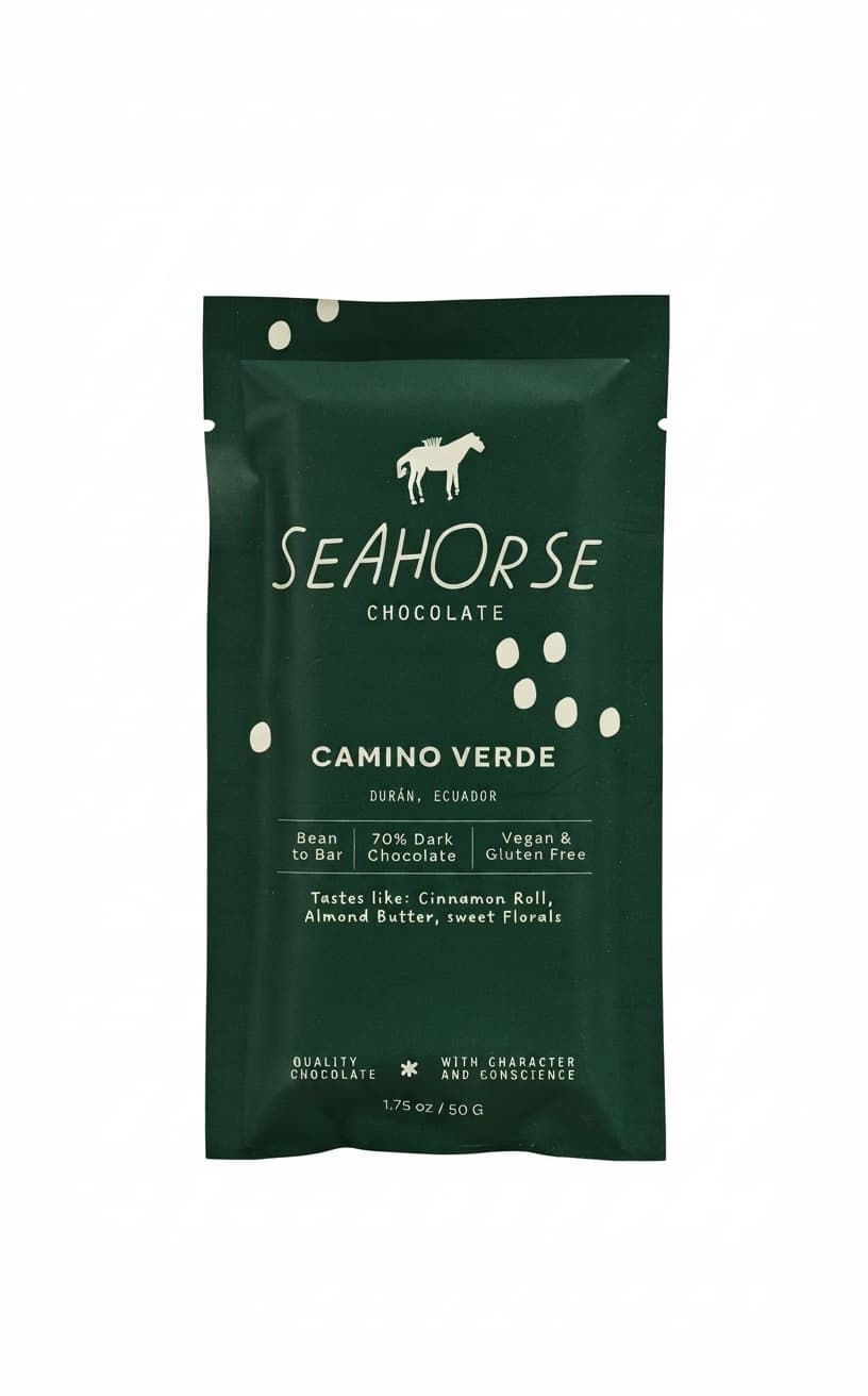 Camino Verde 70% 70% dark bar packaging by Seahorse Chocolate