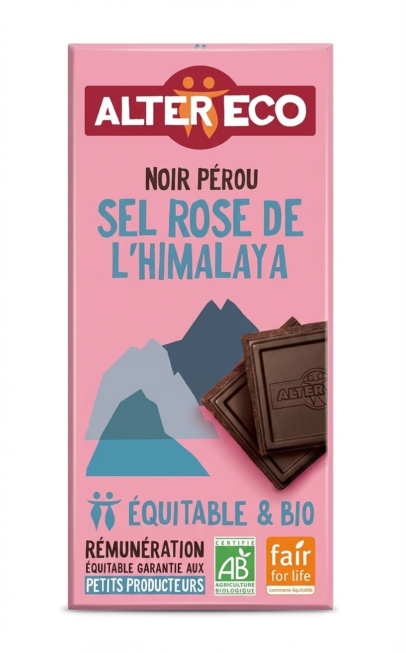 Noir Perou Sel Rose de l'Himalaya 56% dark bar packaging by Alter Eco