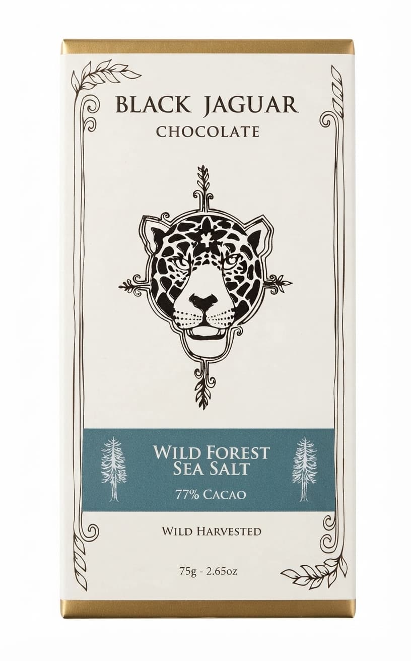 Wild Forest Sea Salt 77% 77% dark bar packaging by Black Jaguar Chocolate