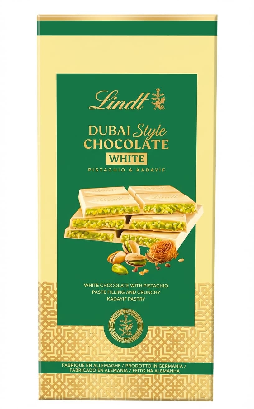 Dubai Style White Pistachio & Kadayif 20% white bar packaging by Lindt
