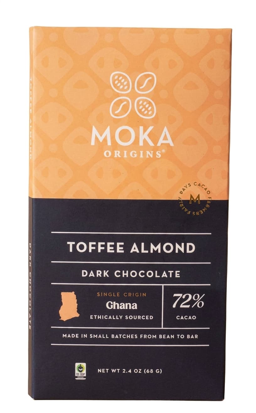 Toffee Almond 72% 72% dark bar packaging by Moka Origins