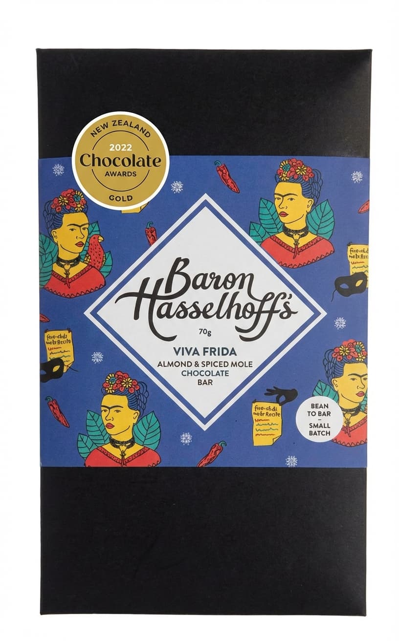 Viva Frida Almond & Spiced Mole 70% dark bar packaging by Baron Hasselhoff's