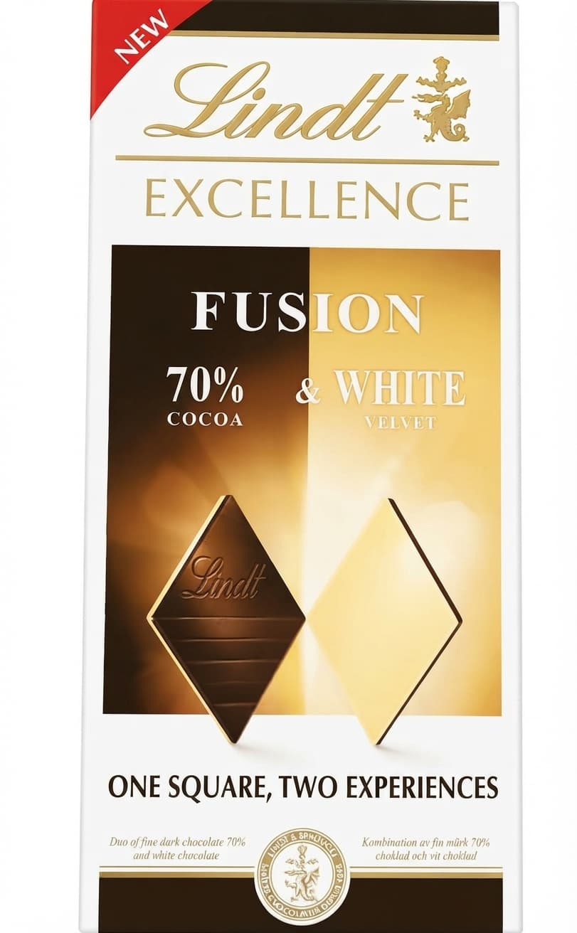 Excellence Fusion 70% & White 70% dark bar packaging by Lindt