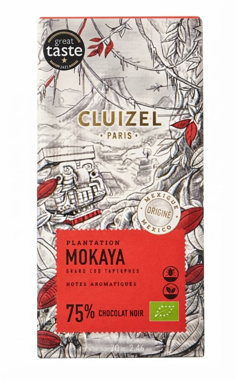 Mokaya 75% 75% dark bar packaging by Cluizel