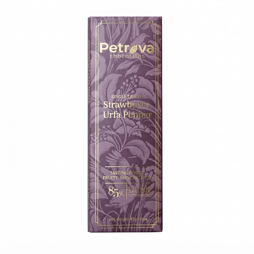 Strawberry Urfa Pepper 85% 85% dark bar packaging by Petrova Chocolates
