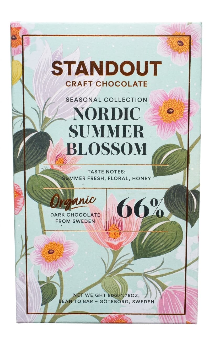 Nordic Summer Blossom 66% dark bar packaging by Standout Chocolate
