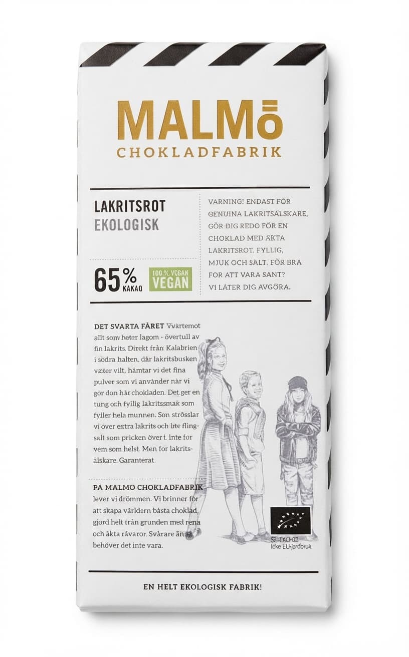 Lakritsrot 65%, Liquorice 65% dark bar packaging by Malmö Chokladfabrik