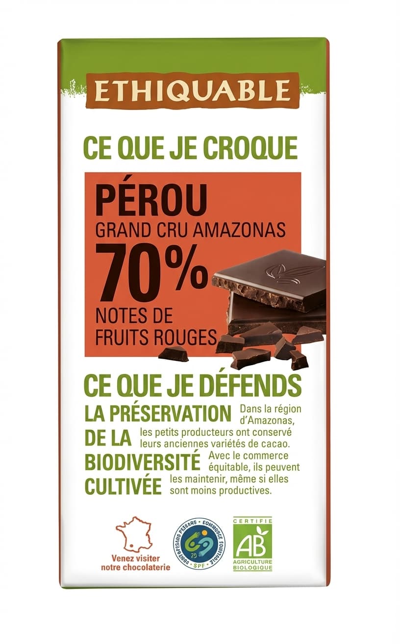 Pérou Grand Cru Amazonas 70% 70% dark bar packaging by Ethiquable