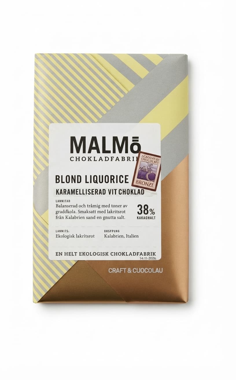 Blond Liquorice 38% 38% white bar packaging by Malmö Chokladfabrik
