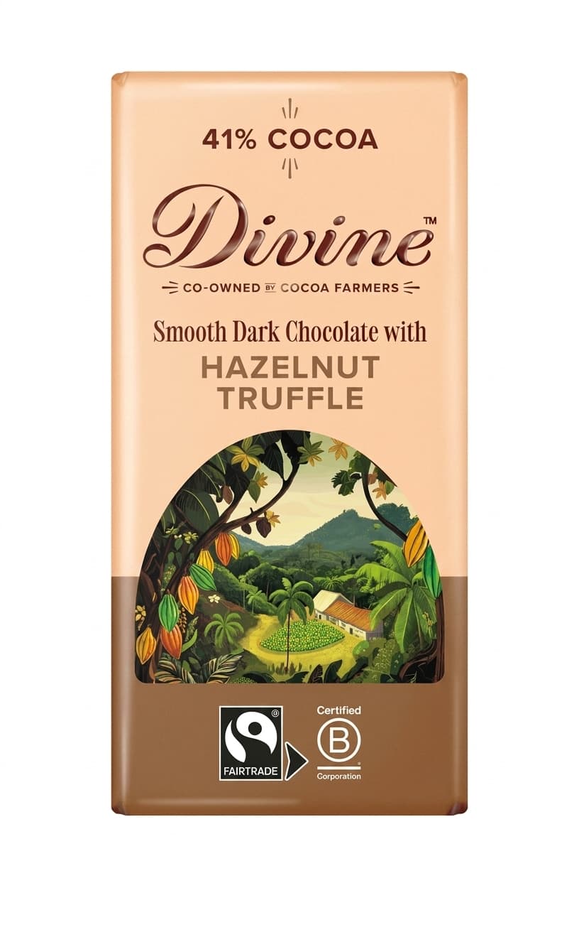 Hazelnut Truffle 41% dark bar packaging by Divine