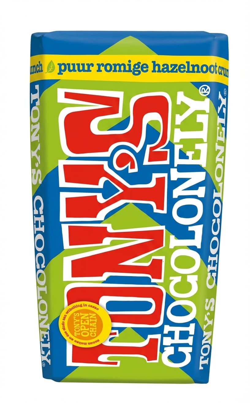 Puur Romige Hazelnoot Crunch 51% dark bar packaging by Tony's Chocolonely