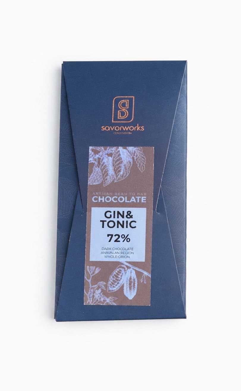 Gin & Tonic 72% 72% dark bar packaging by Savorworks Roasters