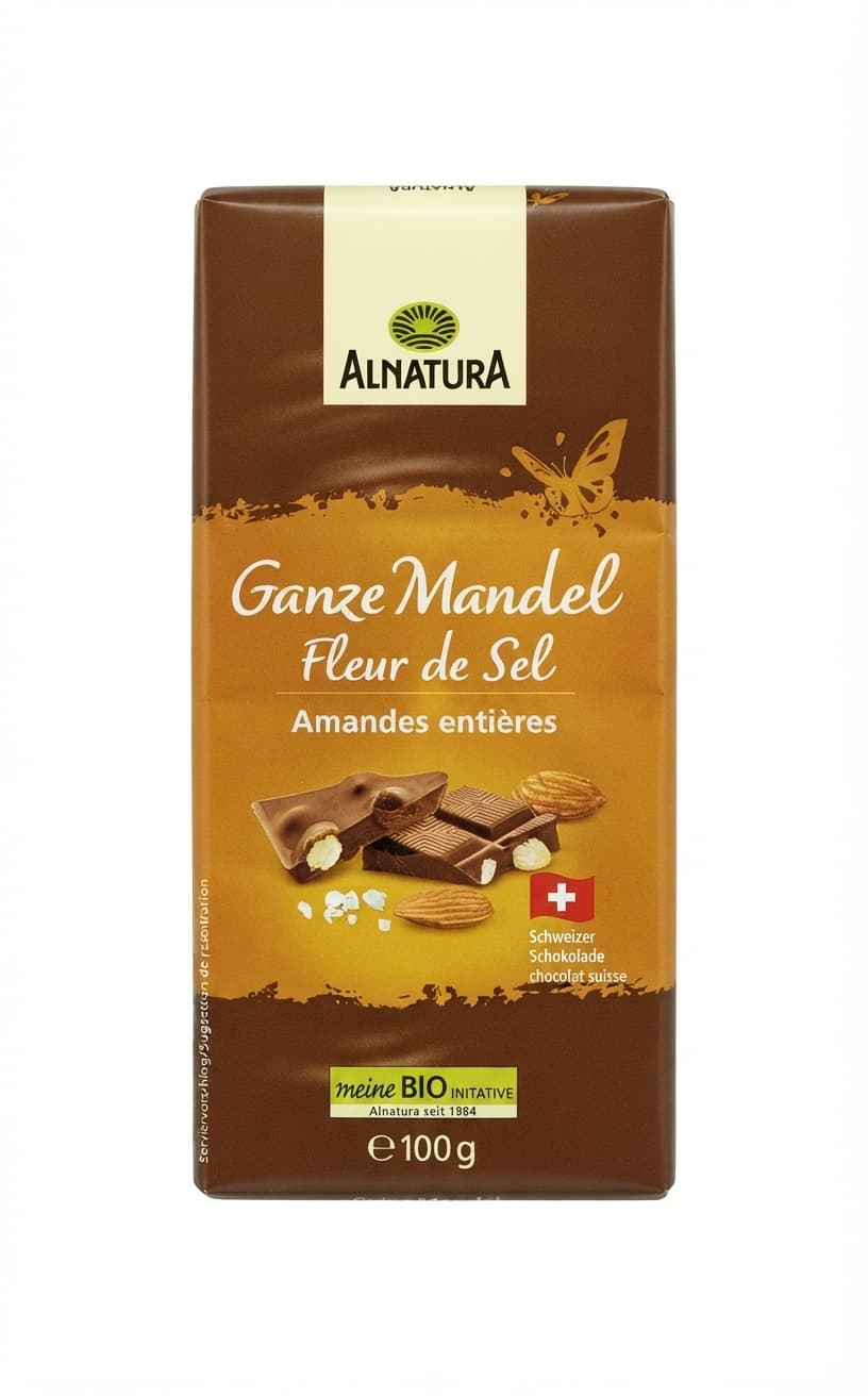 Ganze Mandel Fleur de Sel 33% milk bar packaging by Alnatura