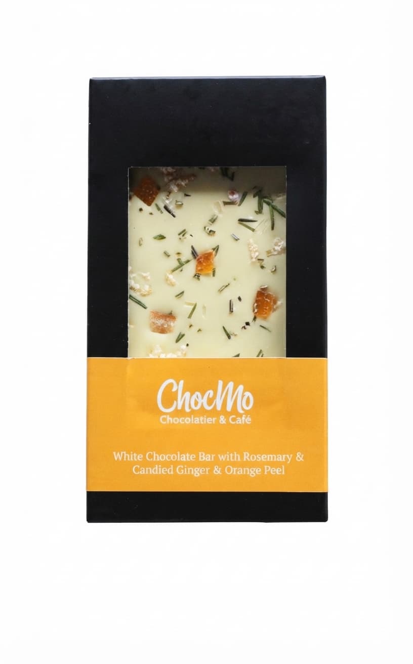 Candied Orange, Ginger & Rosemary null% white bar packaging by ChocMo Chocolatier