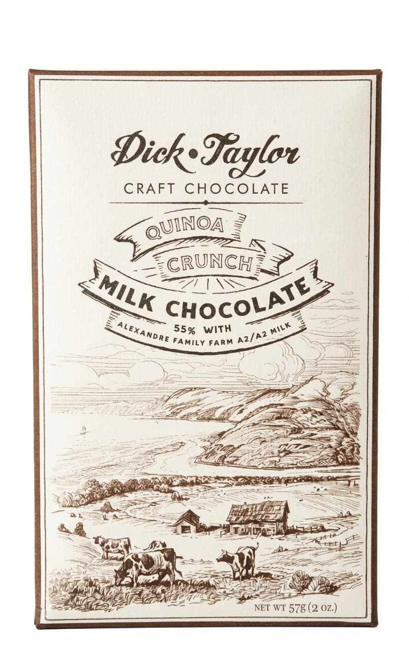 Quinoa Crunch Milk Chocolate 55% milk bar packaging by Dick Taylor