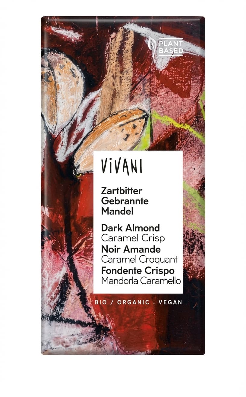 Dark Almond Caramel Crisp 55% dark bar packaging by Vivani