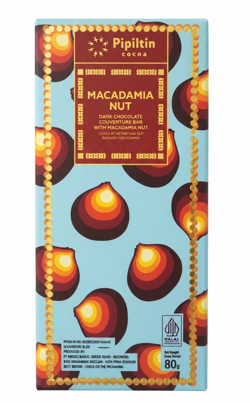 Macadamia Nut 60% dark bar packaging by Pipiltin