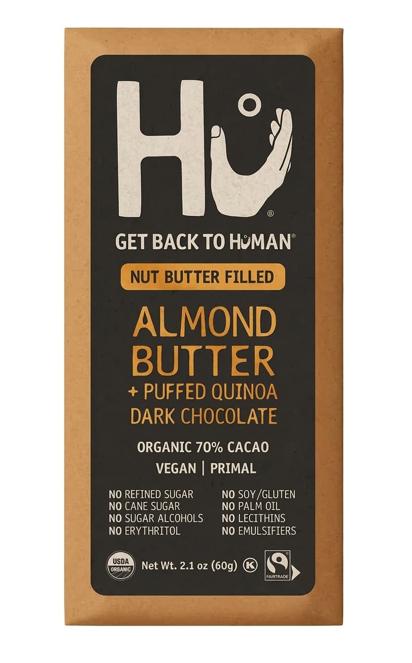 Almond Butter + Puffed Quinoa 70% dark bar packaging by Hu