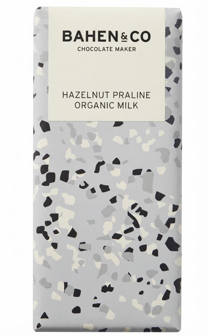 Hazelnut Praline 70% milk bar packaging by Bahen & Co