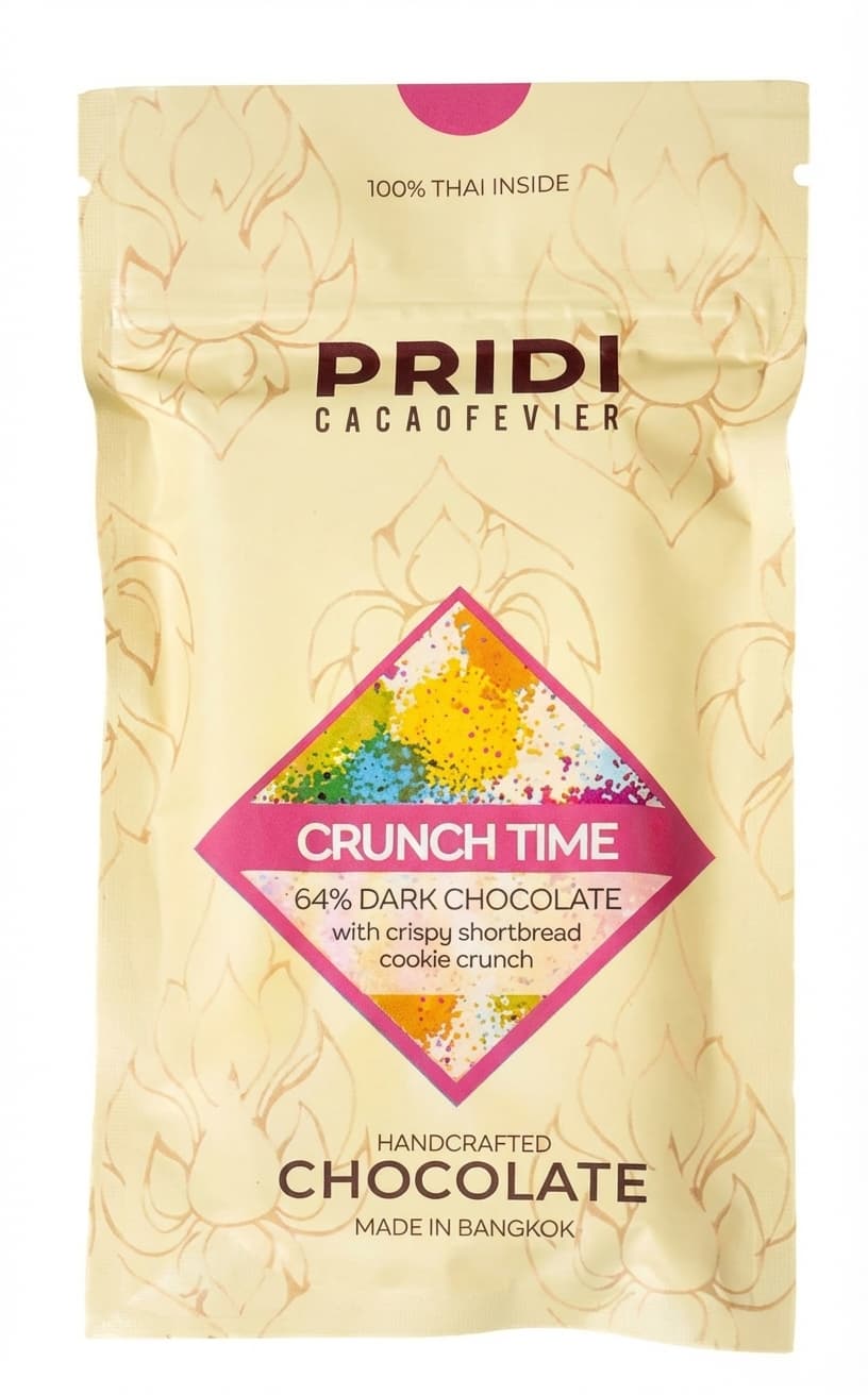 Crunch Time 64% Dark Chocolate 64% dark bar packaging by Pridi Cacaofevier