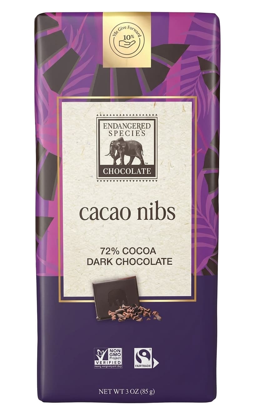 cacao nibs 72% dark bar packaging by Endangered Species Chocolate