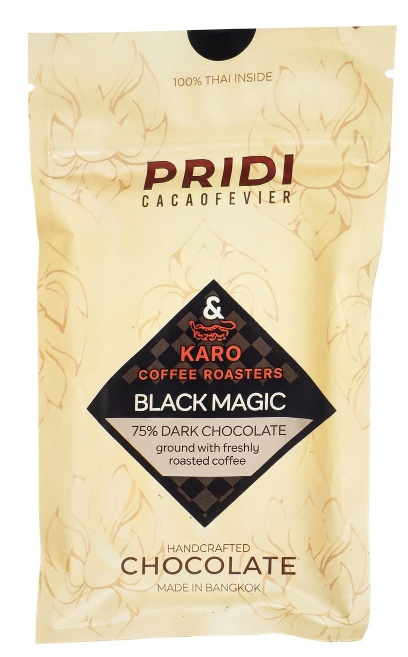 Black Magic 75% dark bar packaging by Pridi Cacaofevier