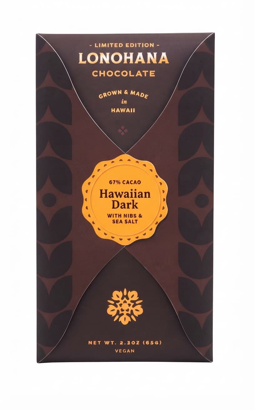 Hawaiian Dark with Nibs & Sea Salt 67% 67% dark bar packaging by Lonohana Estate Chocolate