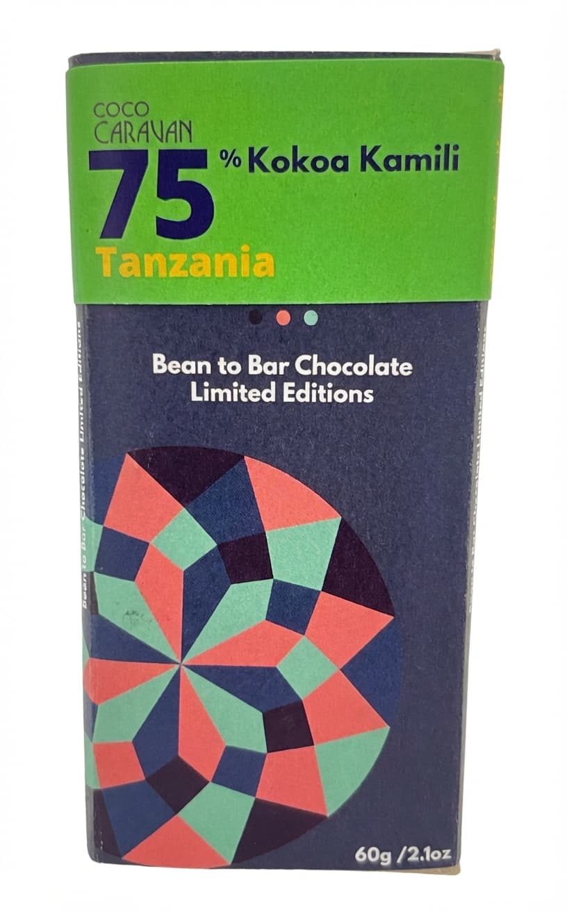 Kokoa Kamili 75% 75% dark bar packaging by Coco Caravan