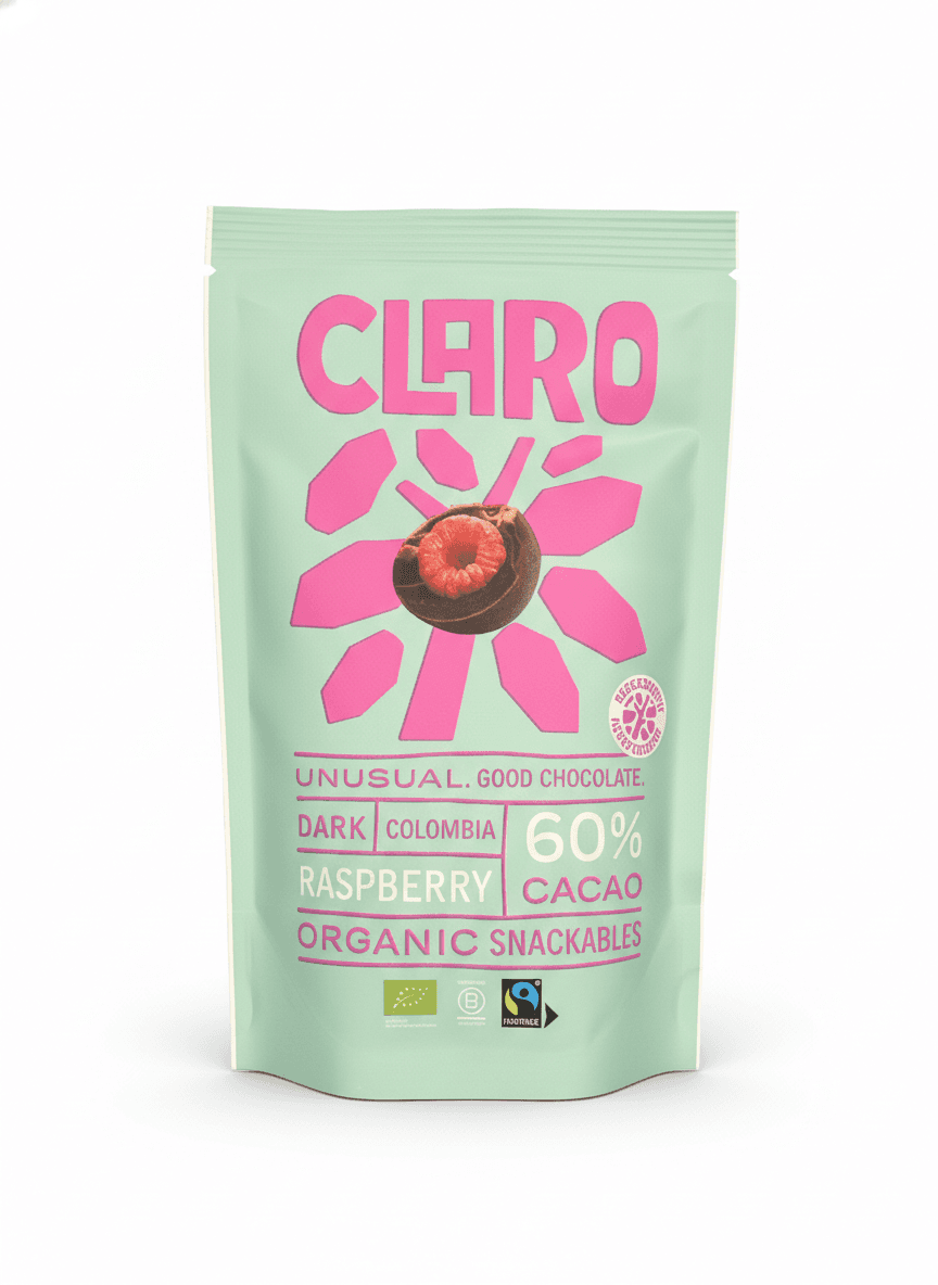 Organic Snackables Raspberry 60% dark bar packaging by CLARO