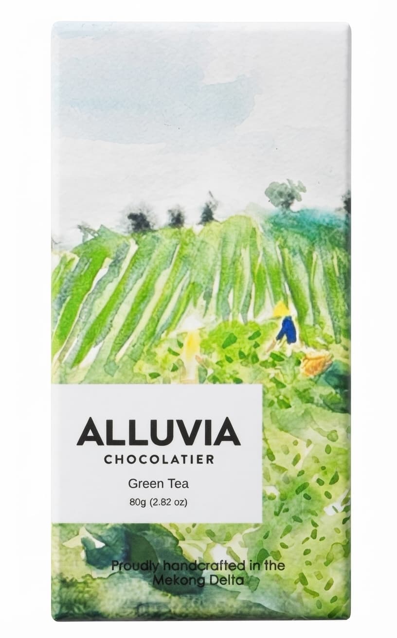 Green Tea 33% dark bar packaging by Alluvia