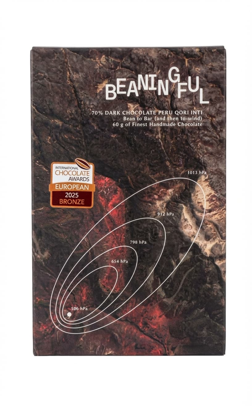 70% Dark Chocolate Peru Qori Inti 70% dark bar packaging by Beaningful