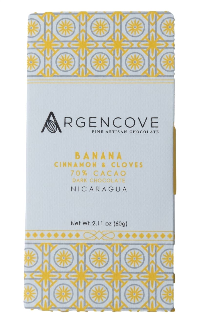 Banana Cinnamon Clove 70% 70% dark bar packaging by Argencove