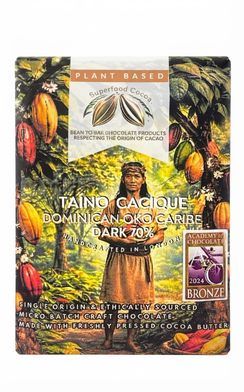 Taino Cacique 70% dark bar packaging by Superfood Cocoa