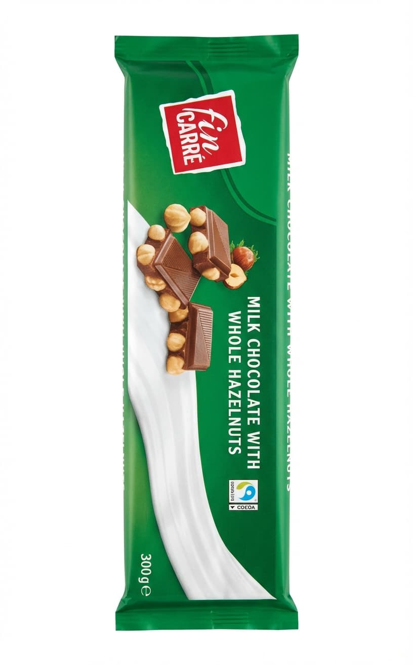 Milk Chocolate with Whole Hazelnuts 32% milk bar packaging by Fin Carré