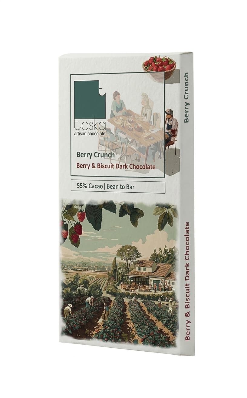 Berry & Biscuit 55% 55% dark bar packaging by Toska Chocolates