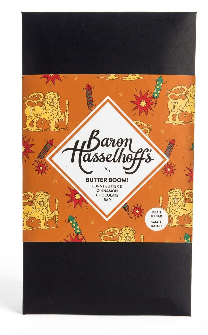 Butter Boom! 44% milk bar packaging by Baron Hasselhoff's