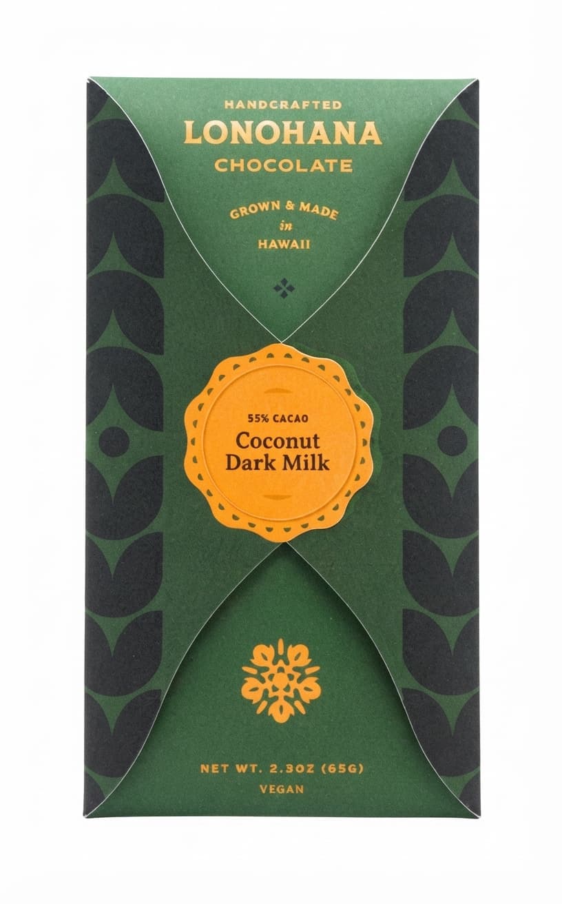 Coconut Dark Milk 55% 55% milk bar packaging by Lonohana Estate Chocolate